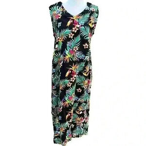 Vintage 90s Expressions floral Hawaiian island resort dress black green size M